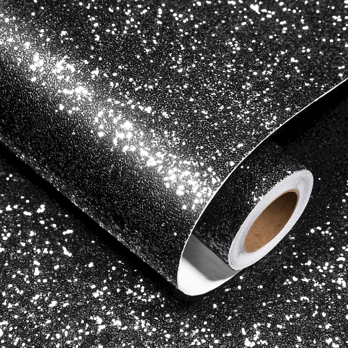 Behang, zelfklevend, wandbehang, 40 x 900 cm, wandbehang, woonkamer, slaapkamer, glitter, plakfolie, zwart, voor meubels, decoratieve folie, meubelfolie, zelfklevende folie voor