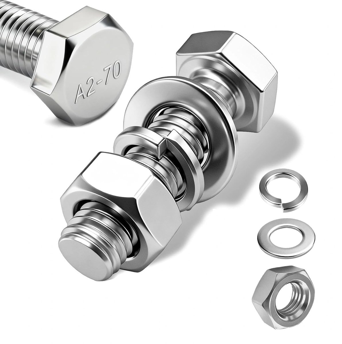 Zeskantschroeven en moeren, M10 x 30 mm, 12 stuks zeskantschroeven van roestvrij staal A2 V2A, DIN 933 bouten en moeren sluitringen set - voor machines, auto's, meubels, fietsen