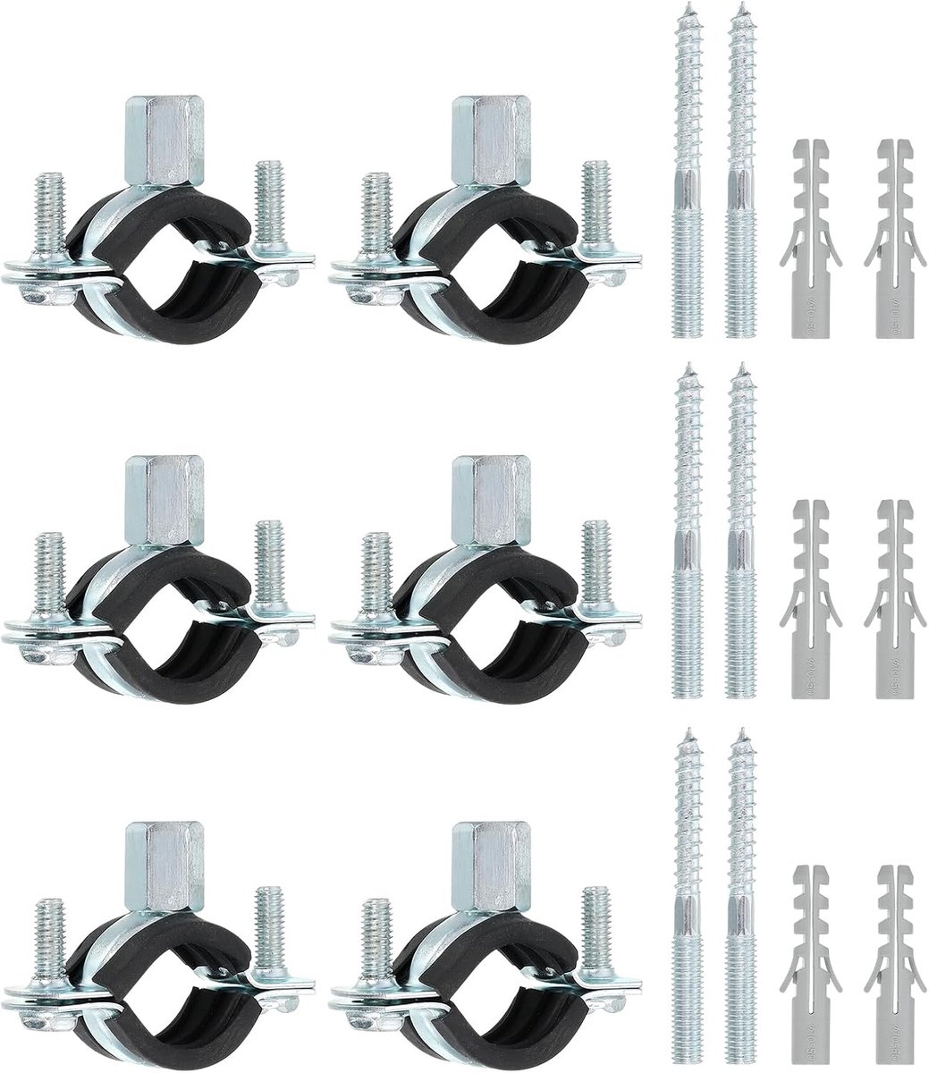 6 stuks verstelbare buishouderklemmen, 19 mm, wand- en plafondmontage, splitring, buishanger van thermisch verzinkte ijzeren buisband met schroef en pluggen voor buisleidingen