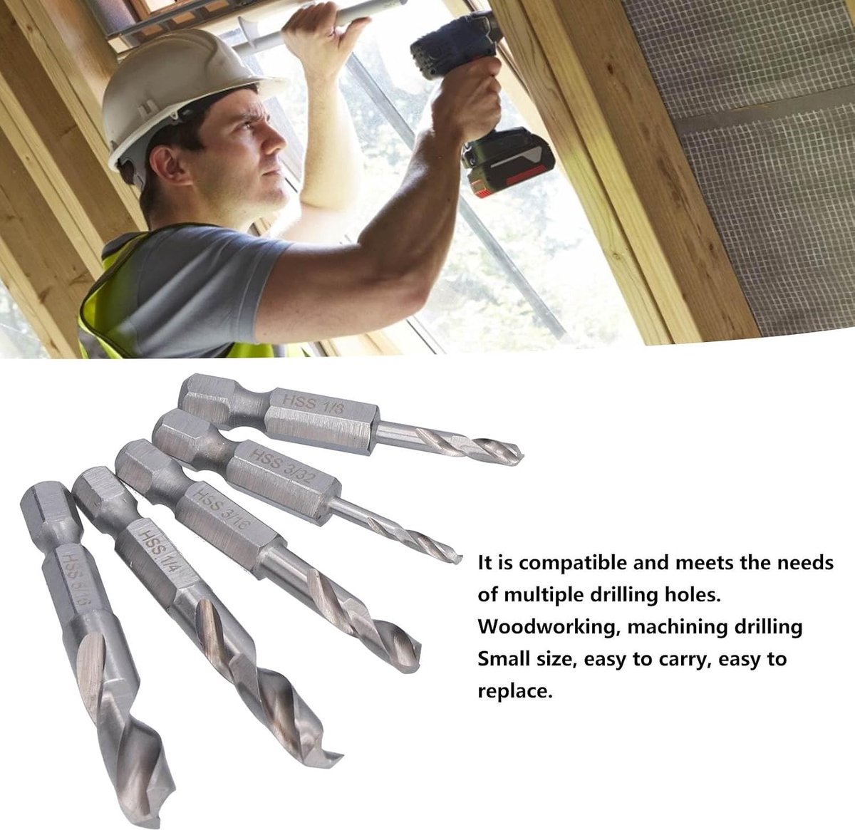 Veiyi 5 stuks haakse booropzetstukken, boren met zeskantschacht, bitboor, voor bewerking en boring, 1/4, 1/8, 3/16, 5/16, 3/32 inch
