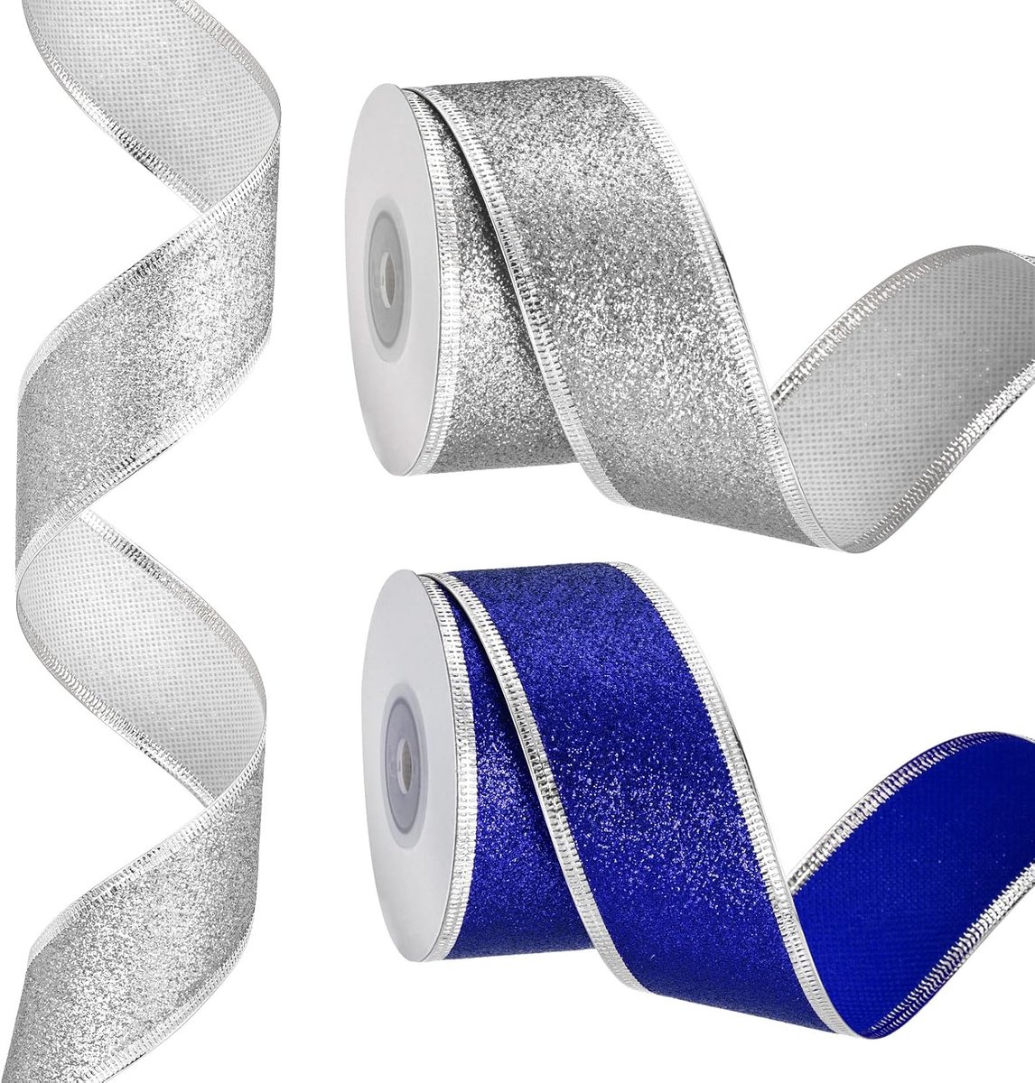 Kerstlint van 3,8 cm x 3,8 cm, metallic draad lint, glanzende geschenkverpakkingslint voor knutselen, verjaardag, bruiloft, festival, decoratie, blauw/zilver