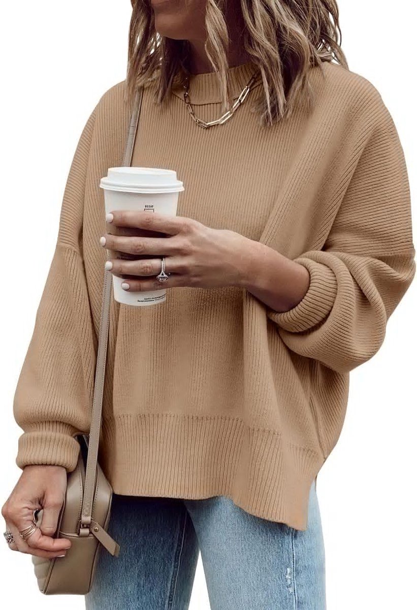 Oversized damestrui met lange mouwen, geribbelde ronde hals, sweater met zijsplit, gebreide trui voor herfst en winter