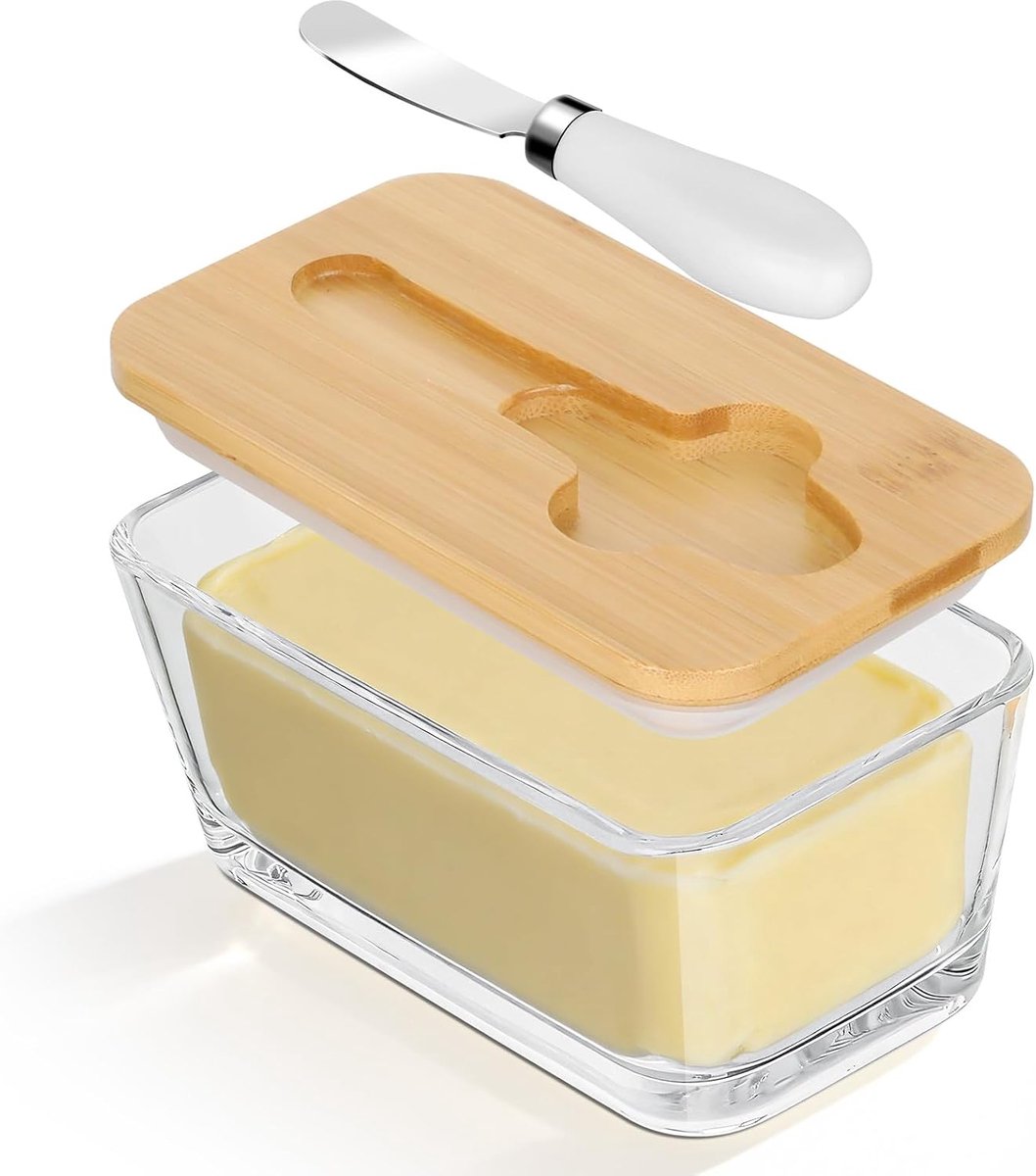Botervloot van glas met deksel, transparante boterbox met botersnijder en bamboedeksel, multifunctionele botervloot voor boter, kaas en fruit
