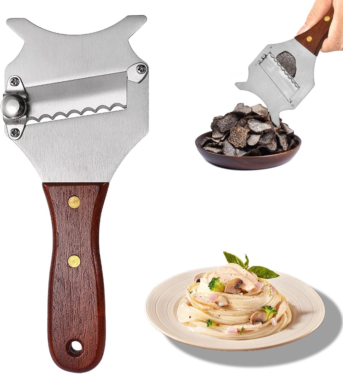 kaassnijder, Parmezaanse schaaf, truffelrasp, roestvrij staal, truffelkaas, gourmethobel met houten handvat en verstelbaar lemmet, voor het snijden van truffels, chocolade, kaas, voor
