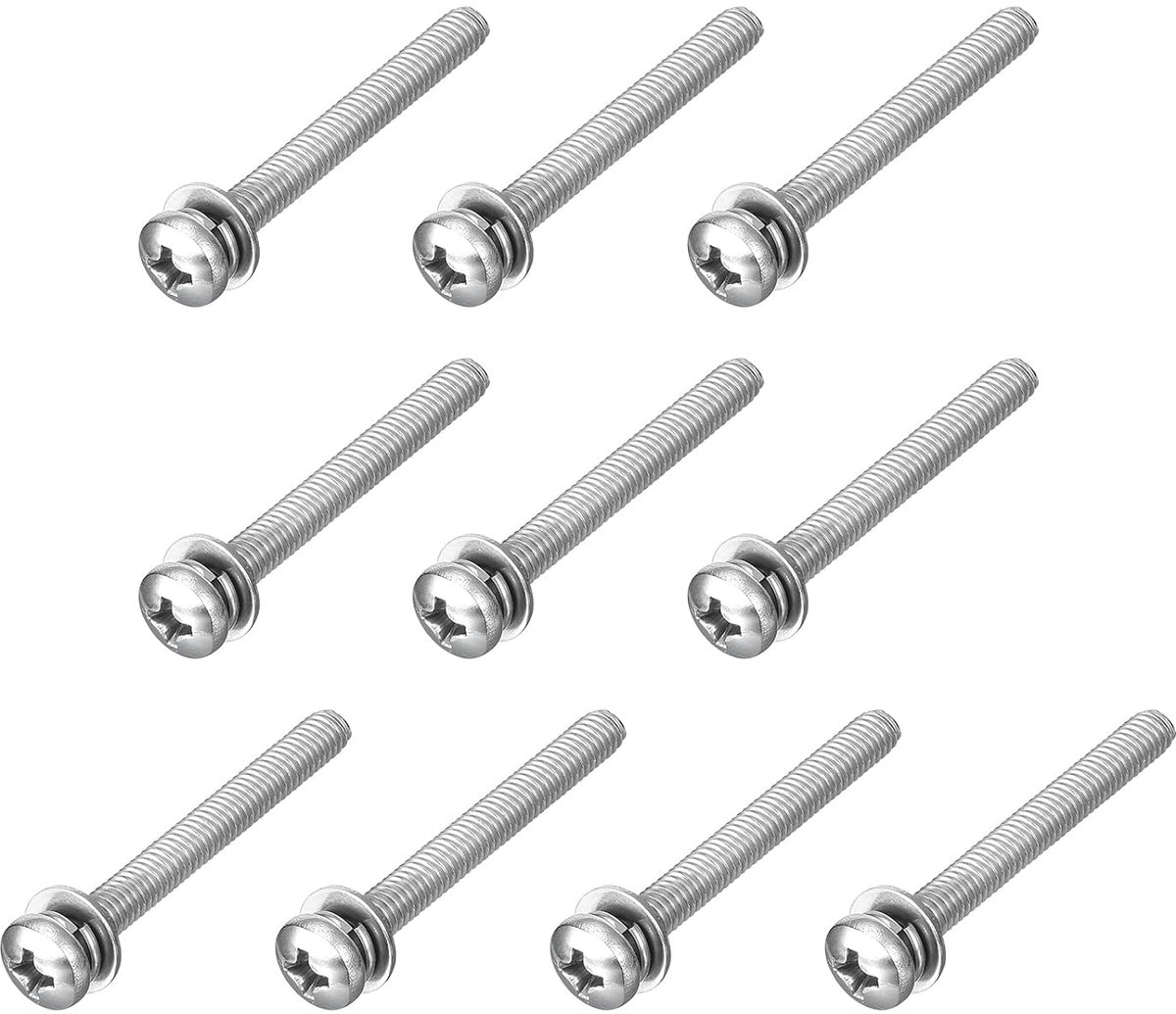 10 stuks lenskopschroeven, kruiskop, M4 x 35 mm, ronde kopschroeven met veerring en sluitringen, 304 roestvrij stalen schroefdraadschroeven voor hout, zacht metaal, reparatie
