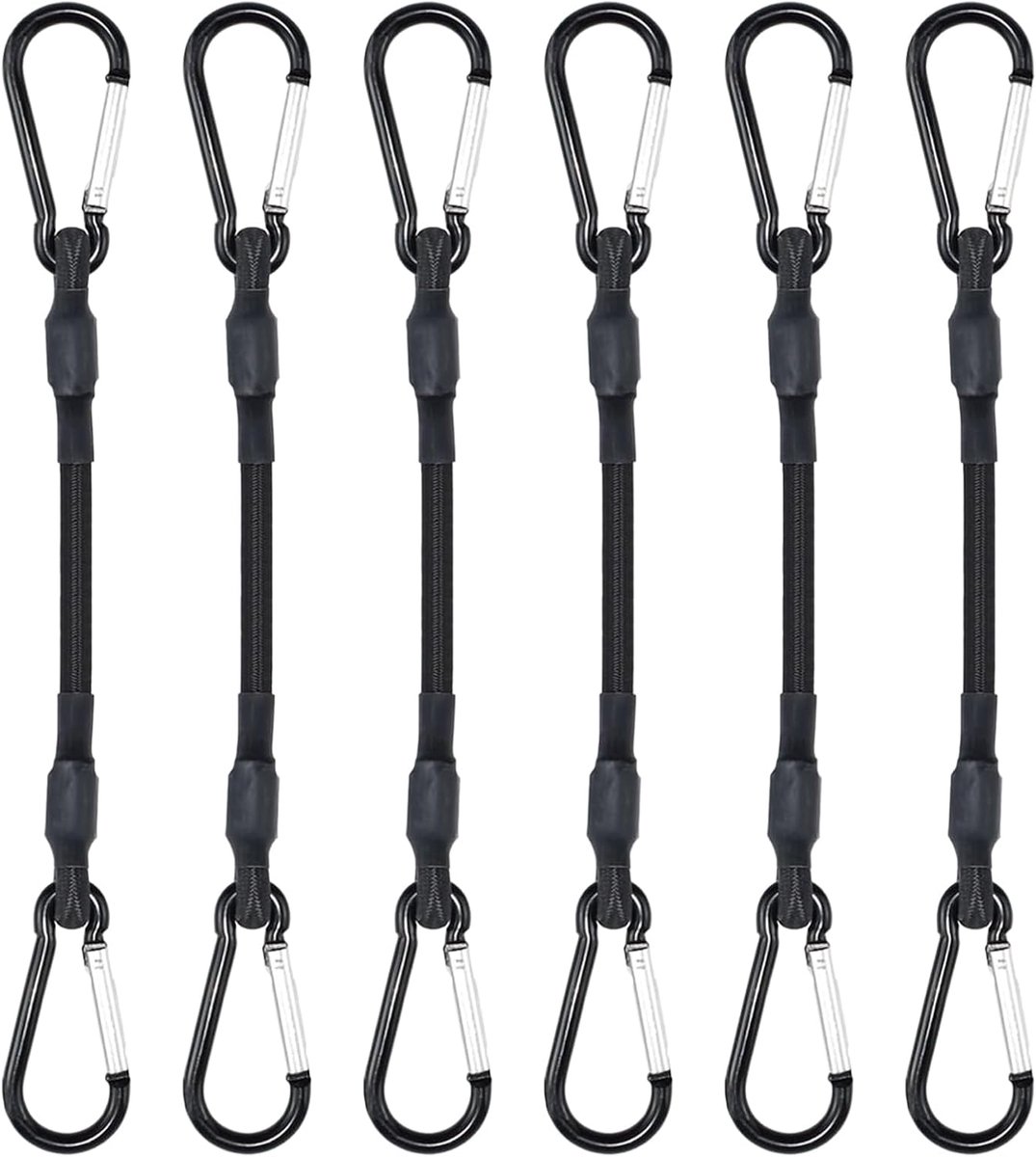 6 stuks bungeekoorden met karabijnhaken, extra sterke zwarte bungee-riemen 30 cm, lange zware karabijnhaak, elastische koorden, voor dakdragers, aanhangers, dekzeilen, reizen