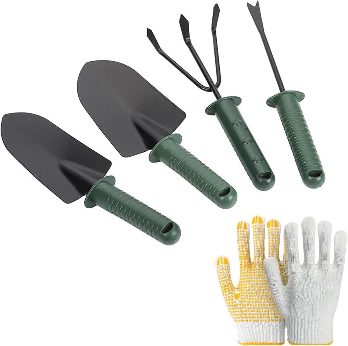 4 stuks tuingereedschap set, onkruid troffel schop hand hark tuingereedschap voor tuinieren met handschoenen, koolstofstaal