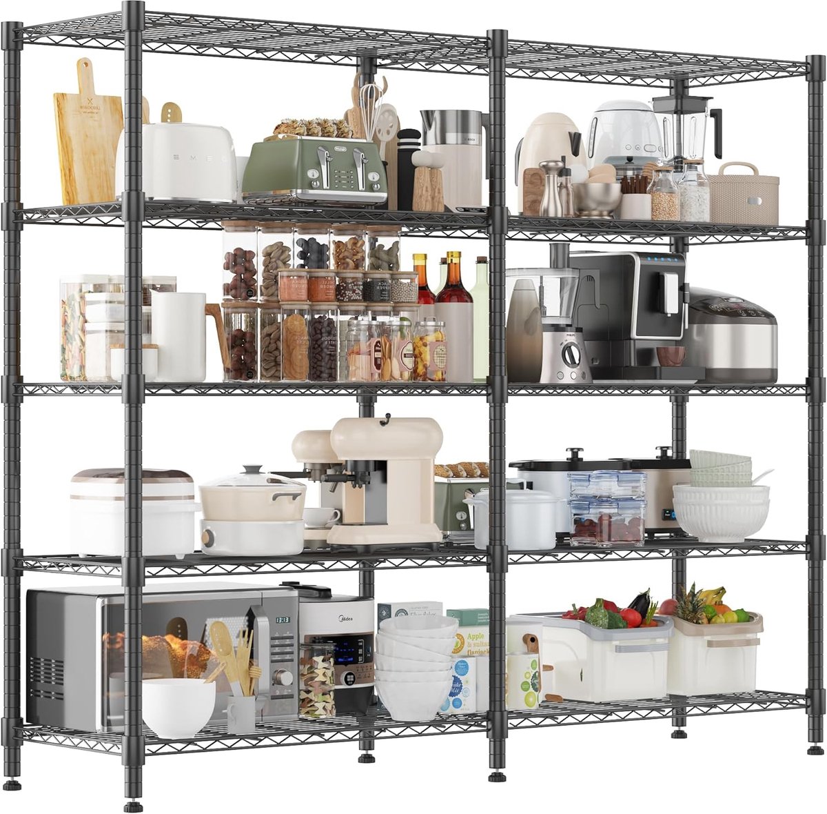 Stellingkasten, 180Bx45Dx183H cm, Verstelbare Metalen Opbergeenheid, Grote Capaciteit Staande Opbergrek Stellingen voor Garage Voorraadkamer Keuken Schuur Bijkeuken, Zwart