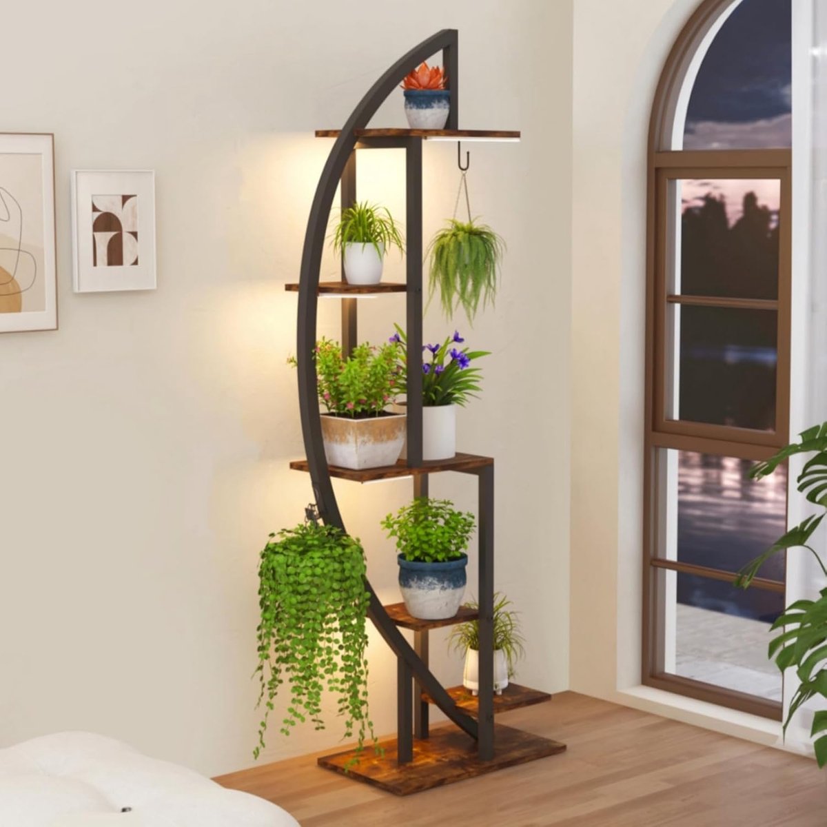 Plantenstandaard met 6 niveaus met groeilicht - Grote bloemenstandaard van 160 cm hoog - In hout en metaal - Voor binnen en buiten - Voor woonkamer, balkon, gang, 50 x