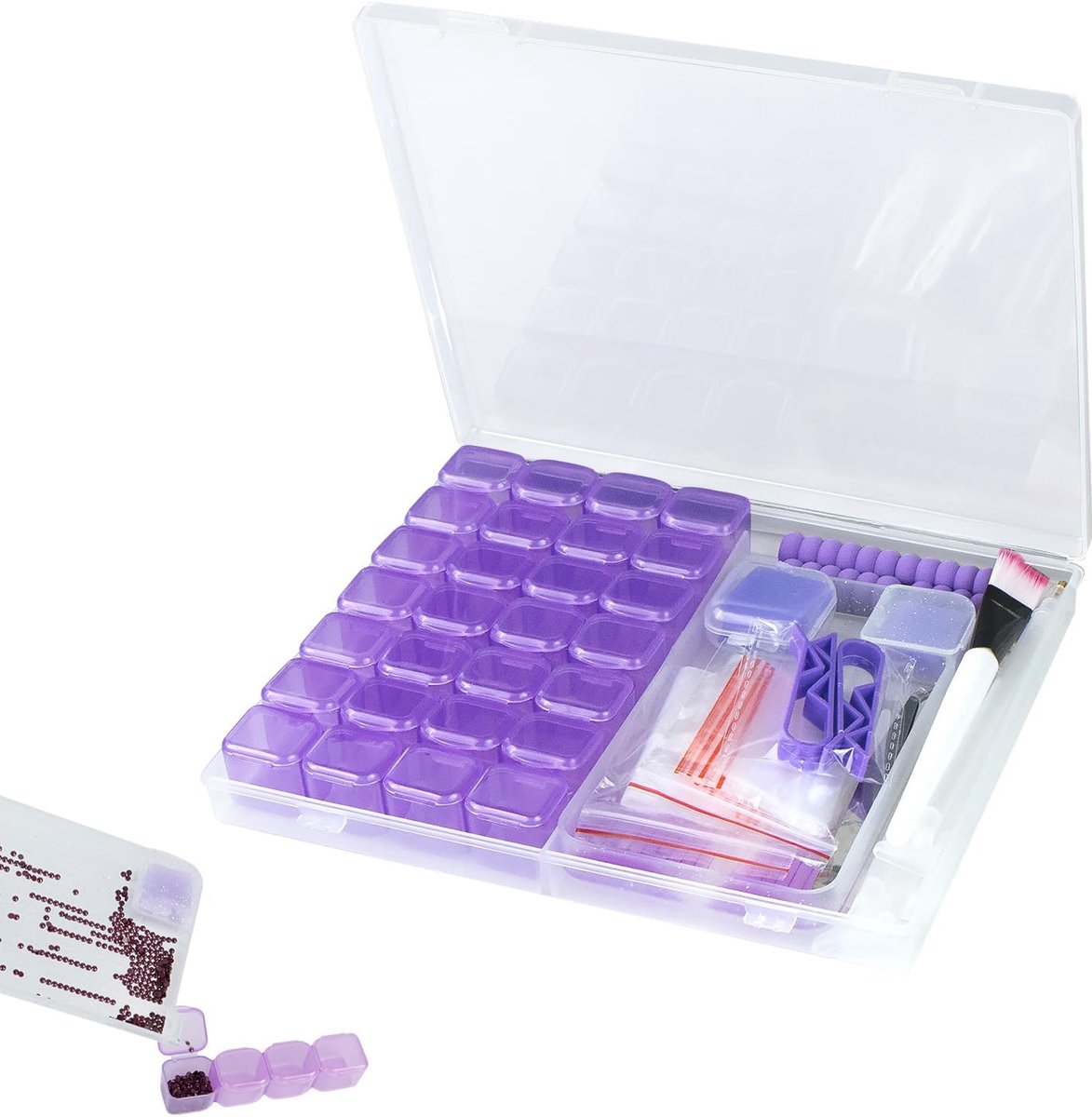 Painting organizer, 28 vakken, opbergdoos voor diamantschilderen, opbergdoos voor sieraden, strass, kralen, doe-het-zelf handwerk, paars