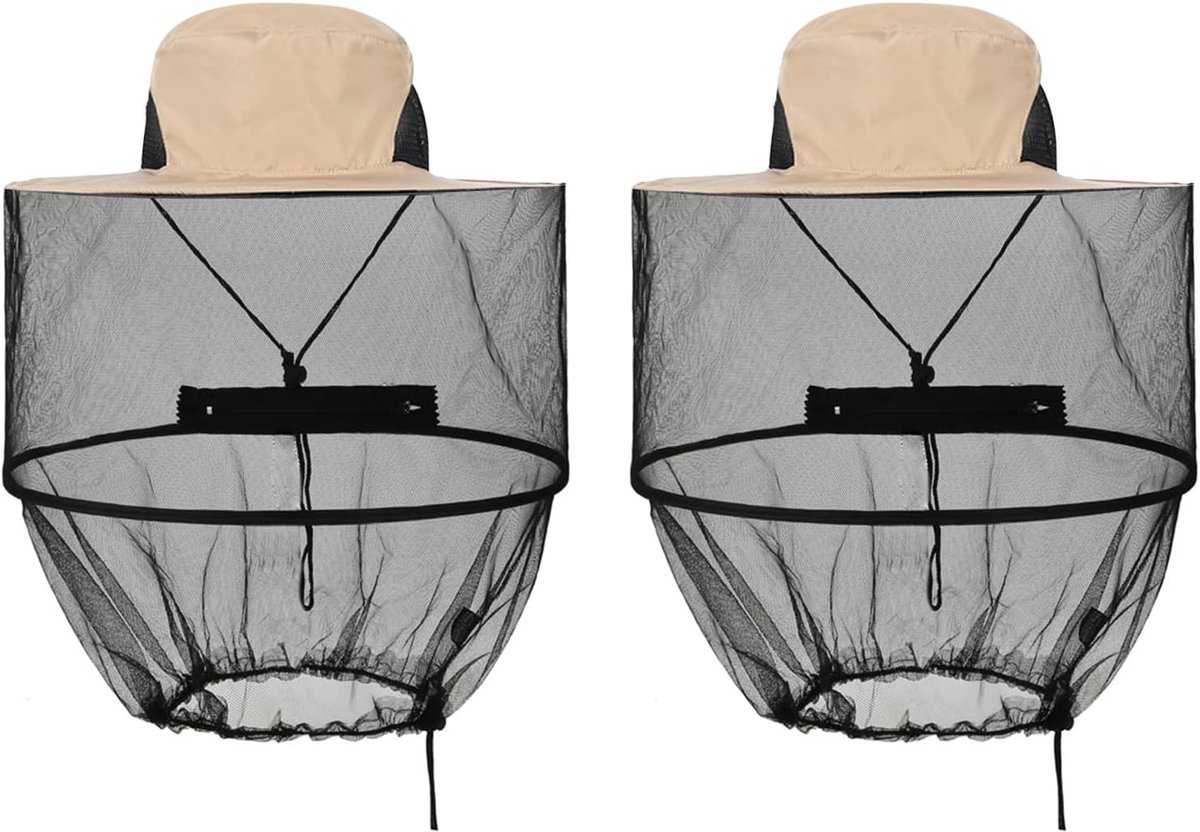 2 stuks muggennet-hoed, muggenhoeden met gaas, imkershoed, hoofdmuggennet, anti-muggenvissershoed voor imker, outdoor, wandelen, kamperen, vissen, tuinieren (beige)