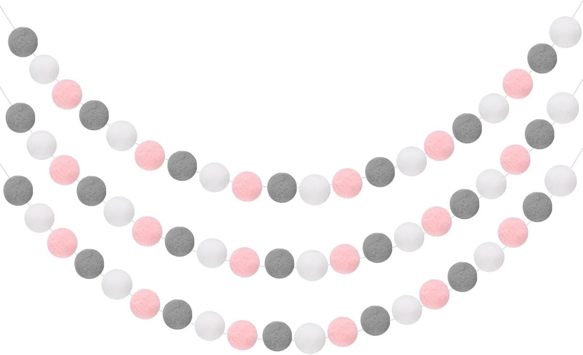 3 stuks pomponslinger, 30 ballen, kleurrijke vilten balslinger voor muur, kerstboom, decoratie, verjaardagsbanner, Pasen, feestdecoraties, roze, grijs, wit