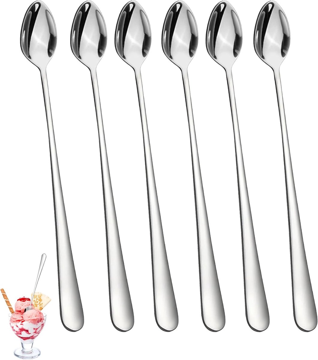 6 stuks latte macchiato lepels, ijslepel, lange lepel, theelepel, espressolepel, dessertlepel, koffielepel, roestvrij staal, lepel, lange cocktail, longdrinklepel, yoghurtlepel, lepel, klein