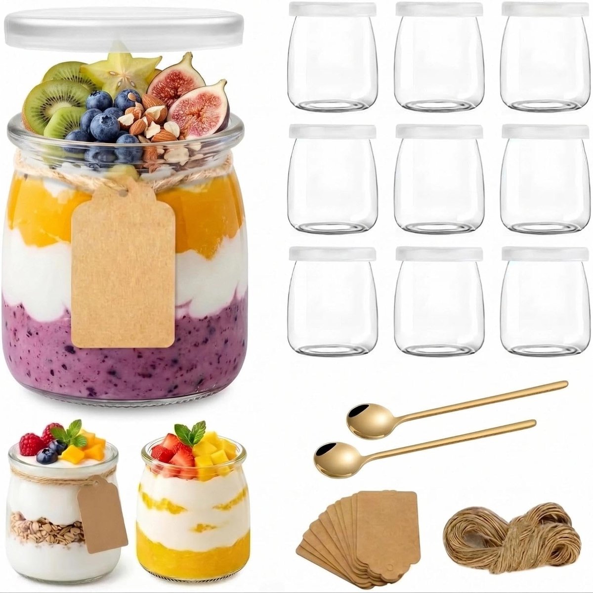 200 ml yoghurtglazen met deksel en lepel, kleine dessertglazen, multifunctioneel, transparante dessertglazen, glas, met etiket en koord, voor yoghurt, dessert, pudding, jam, honing (12 stuks)