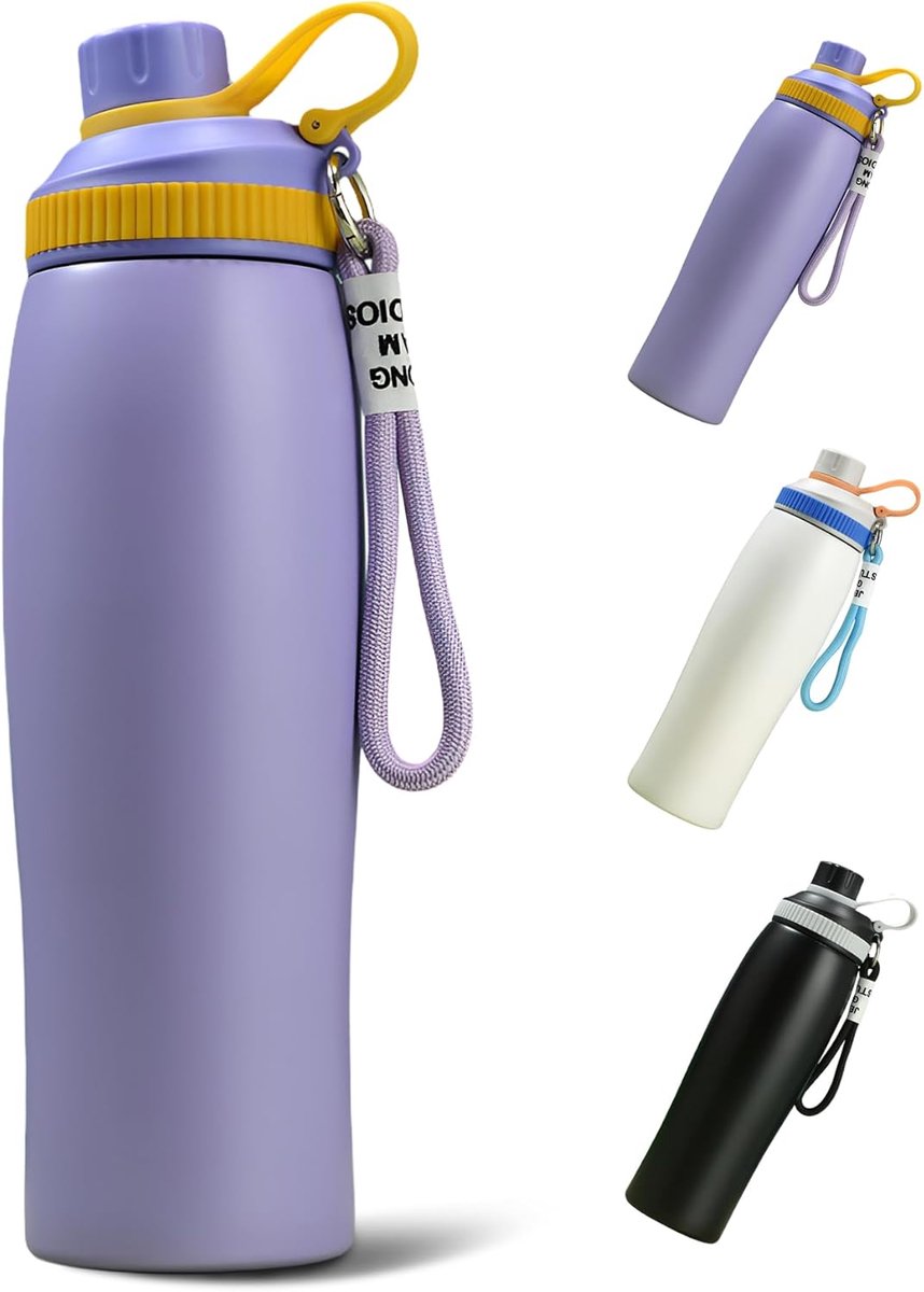 Drinkfles Van Roestvrij Staal 600 ml met Haaktouw Anti-Stofkap. Paars | Roestvrijstalen 600ml Drinkfles met Isolatie, Lekvrij Deksel en Draagkoord voor Sport, School en Outdoor.