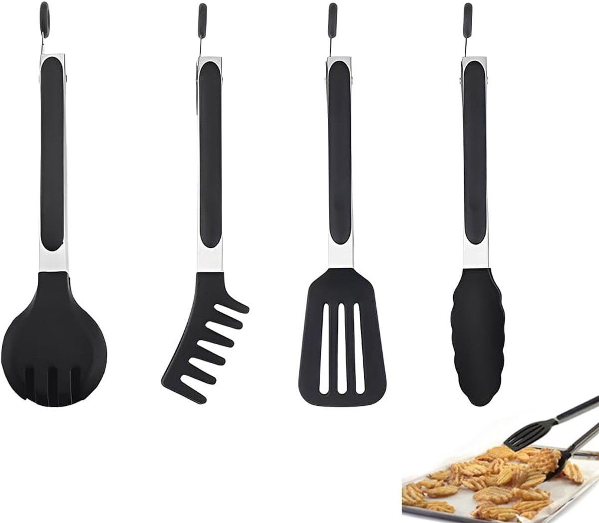 4 stuks keukentang, 26 cm, grilltang van roestvrij staal, die de pot niet beschadigen, voedselveilige siliconen met bescherming tegen verbranding, antislip, voor de keuken, wasmachinebestendig