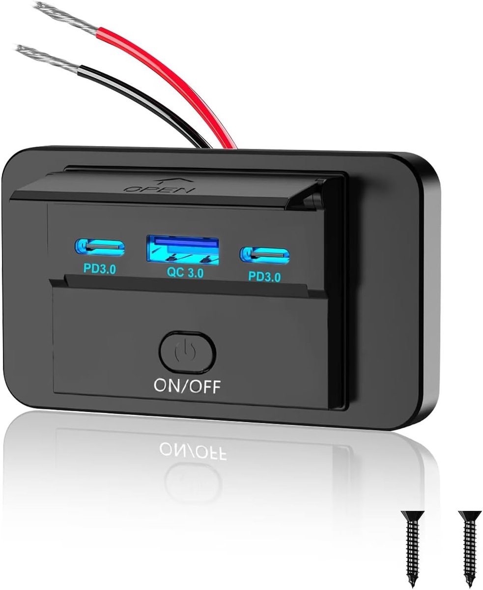 3 Poorten 12V RV USB Outlet 90W, Dual PD3.0 Type-C Quick Charge 72W & USB QC3.0 18W Panel Wandmontage, Automotive Auto Socket Charger Adapter voor RV Marine Boot Bus ATV Motorfiets Truck