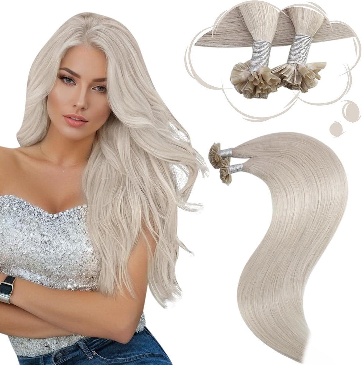 Haarextensie van echt haar, keratine, witblond, Remy, keratine, warm, echt haar, glad, blond, 55 cm, #60A, 50 strengen, 50 g | 50 strengen 50 g #60A, zachte haarvezel, vrije beweging, natuurlijke look, geraffineerde look, veegmachines