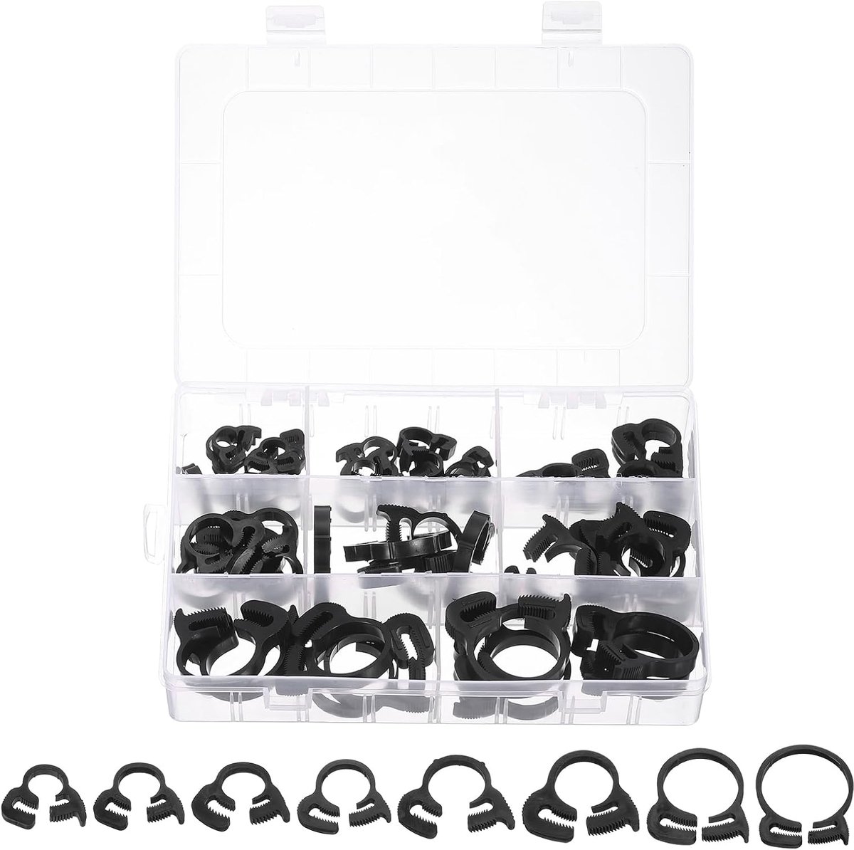 1 set van 48 verstelbare dubbele steekklemmen van kunststof voor buizen (6,1-6,6 mm, 8,1-8,6 mm, 9,0-9,9 mm, 12,3-14 mm, 13,8-15,4 mm, 16,3-18,1 mm, 21,5-23,5 mm, 24,5-26,5 mm, 24,5-26,4 mm