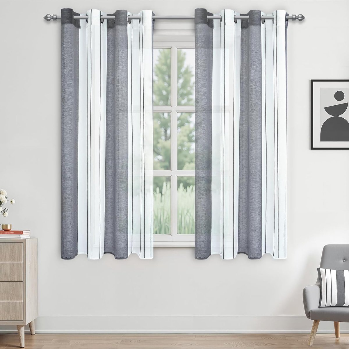 Panelen grijs en wit oogje voile gordijn met streep ontwerp semi-transparante gordijnen voor kinderen woonkamer slaapkamer keuken gordijnen 55x63 Inch 140x160 cm
