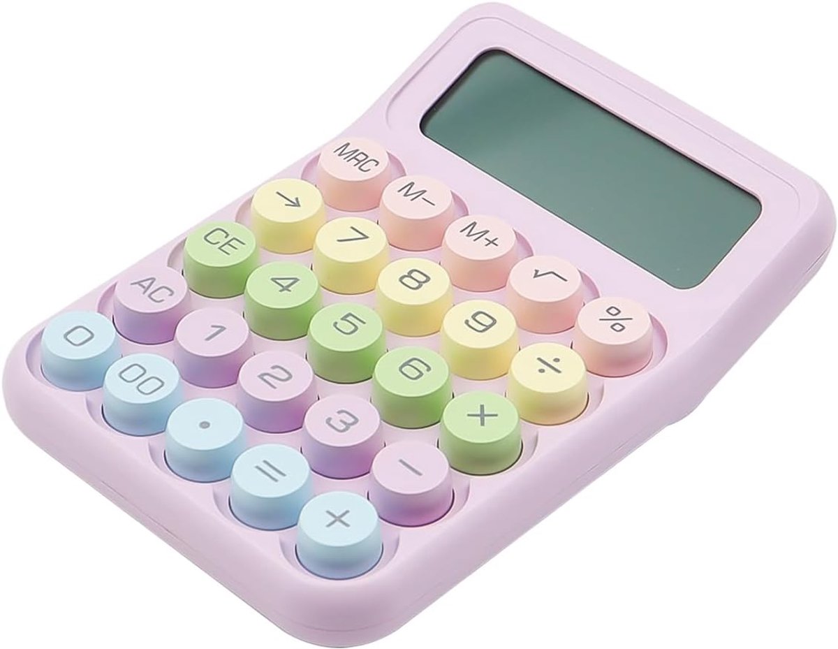 Kleurrijke elektronische rekenmachine, snoepkleurige grote ronde knop, 12-cijferig groot LCD-scherm voor school, thuis, zakelijk (paars)