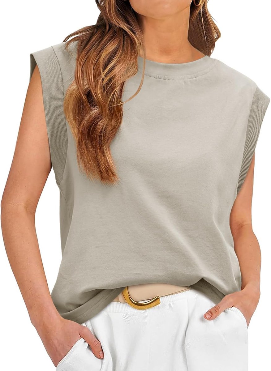 Tankaneo Dames tanktop mouwloos ronde hals top T-shirt met capuchon mouwen klassieke blouse T-shirt casual losse fit solide basic top