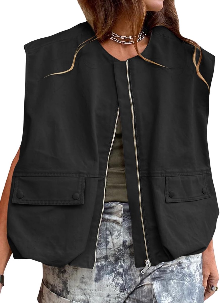 Oversized cargovest voor dames, casual, mouwloos, losse pasvorm, volledige ritssluiting, ruches zoom, blazer, jas, vest, tops met zakken