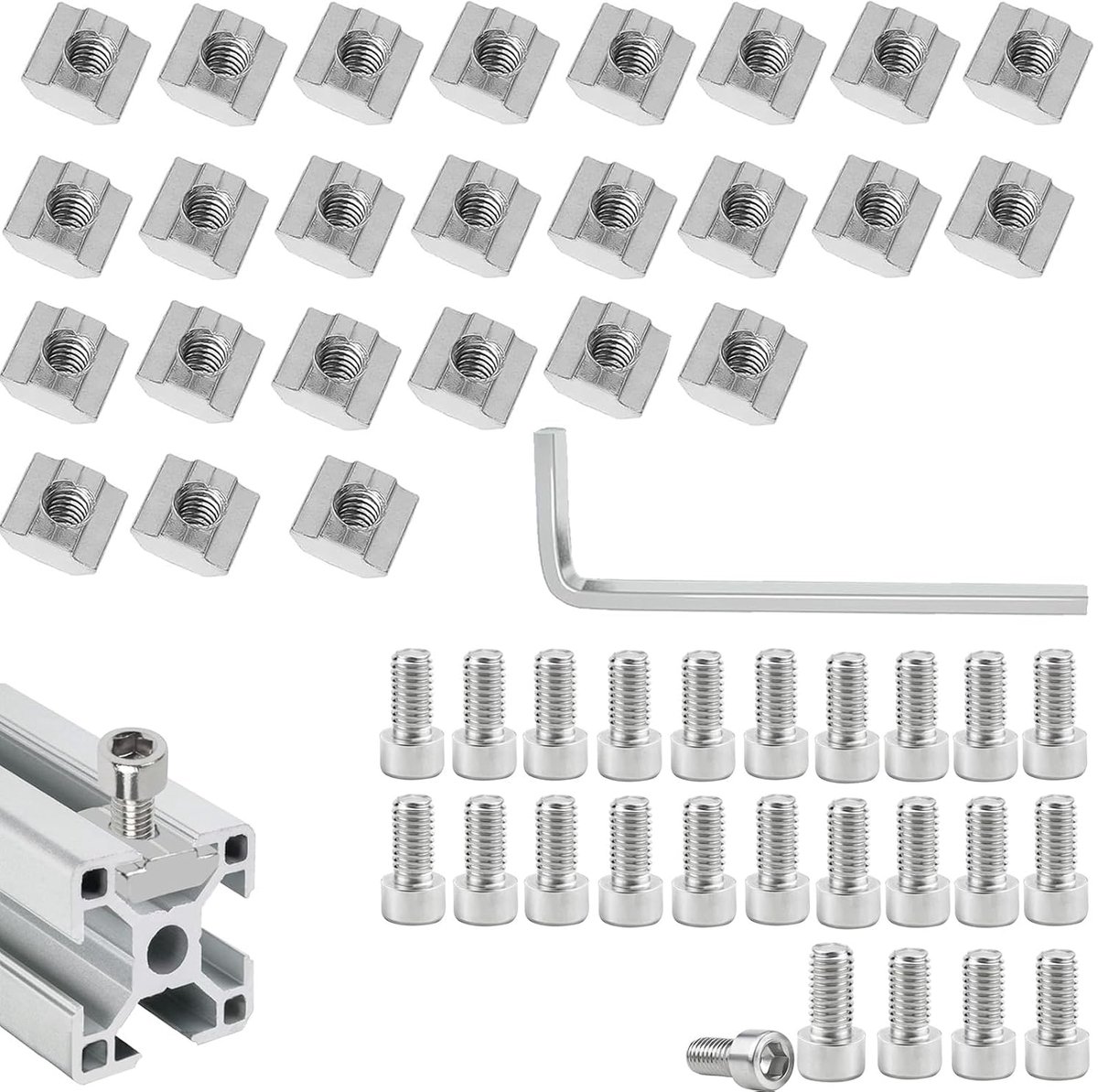 50 stuks, T-schuifmoeren, M8 T-groefmoer koolstofstaal, binnenzeskantschroeven, met moersleutel, voor aluminium profiel, extrusiesleuf, geleiderail