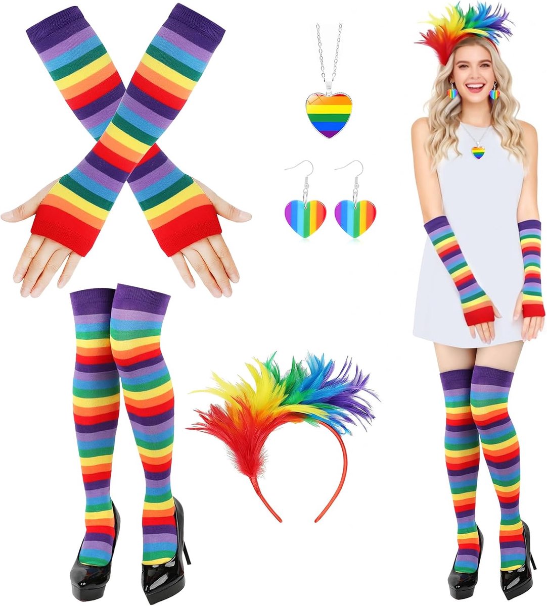 Regenboogkostuum voor dames, kleurrijke veren, haarbanden, handschoenen, sokken, oorbellen, halsketting, carnaval, regenboog, dameskostuum, voor carnavalsfeesten en podiumoptredens