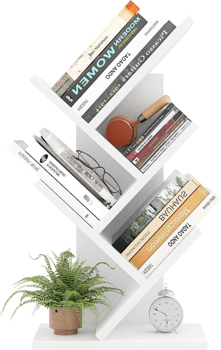 iSunirm Boekenkast, boomvorm, staand rek hoekrek met 5 niveaus, organizer-rekken, vloerstaand boekenrek voor kantoor, thuis, school, rekdisplay voor cd's/tijdschriften/boeken, wit