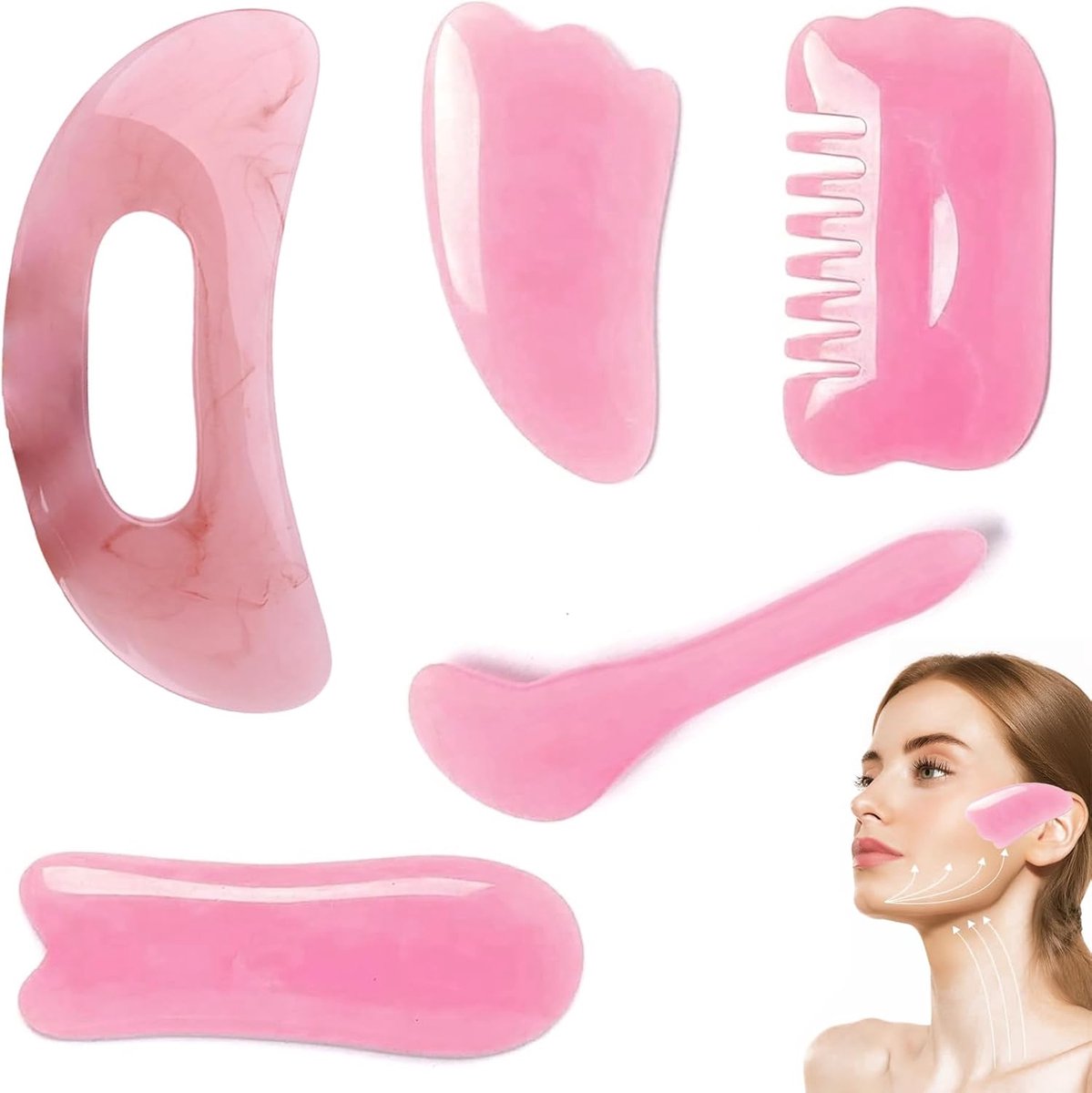 Sha Massage Set – 5-delige Schraper Set – Resinhulpmiddelen voor Gezicht en Lichaam – Ontspannende Massage – Helpt bij Spierpijn – Voor Nek Rug Benen – Wit – Thuisgebruik