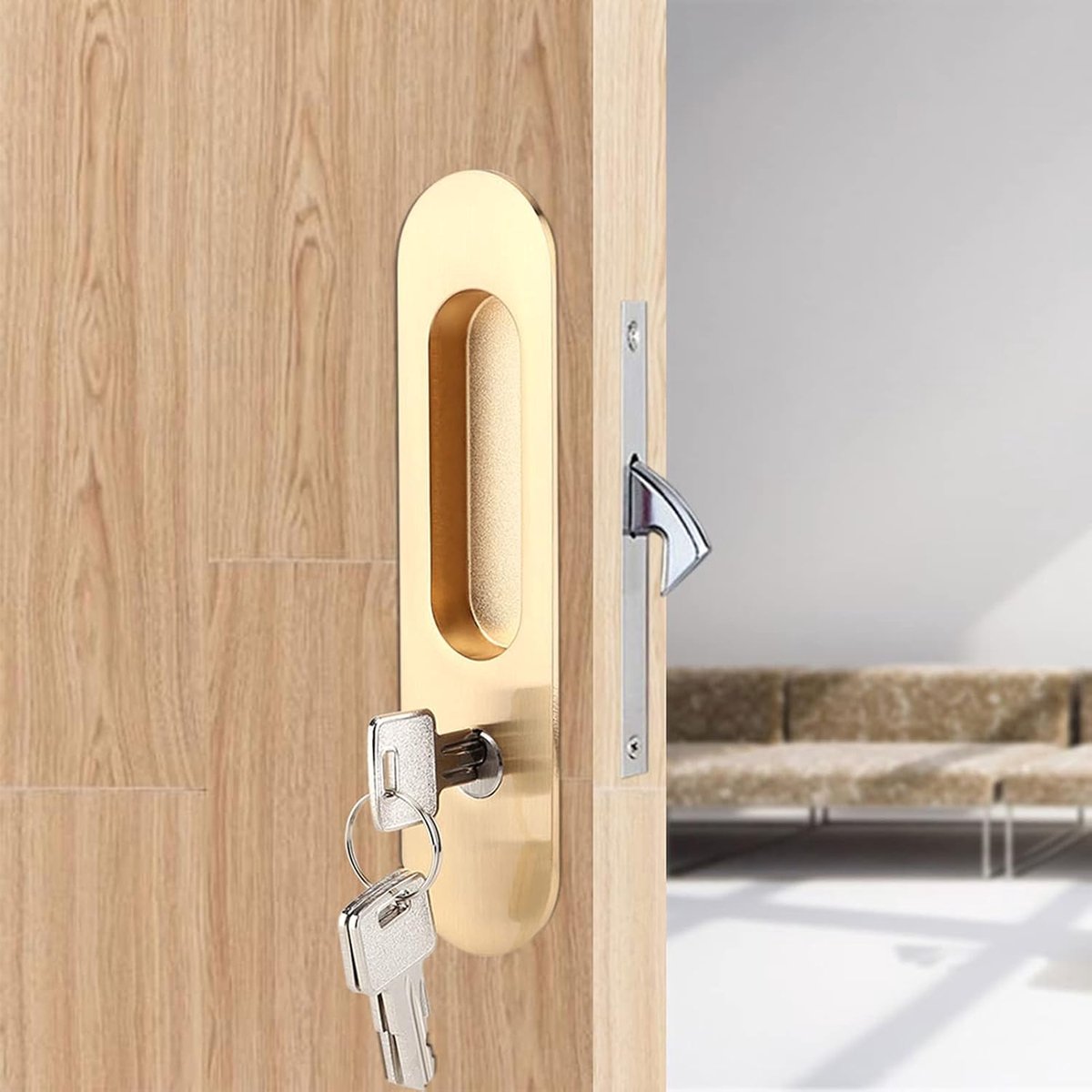 deurgreepset, schuifdeurslot van zinklegering, schuifdeurslot met sleutel, veiligheidsdeurslot, meubels, hardware, sluiting voor badkamer, kast, keuken, balkon (kleur goud) | Schuifdeurslot van zinklegering, voor badkamer, kast, keuken, balkon