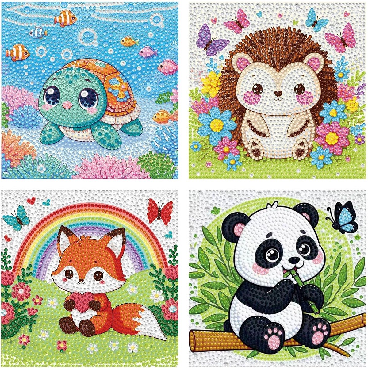 Diamond Painting Kinderset, 4-delige set, 5D-diamond painting, dieren voor kinderen vanaf 6 tot 10 jaar, schattige diamond painting, dieren, doe-het-zelf, mozaïek-knutselwerk, woondecoratie, cadeaus