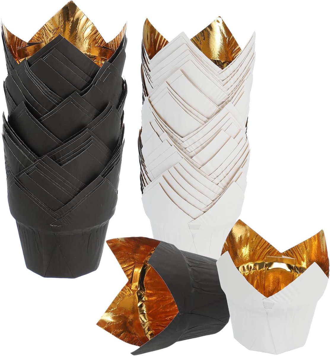 50 stuks Tulip Baking Cups Cupcake Muffins Liners Aluminium Foil Paper Greaseproof Wrappers voor Bruiloften Verjaardag Party Festivals Kerstmis, Goud/Wit, Goud/Zwart
