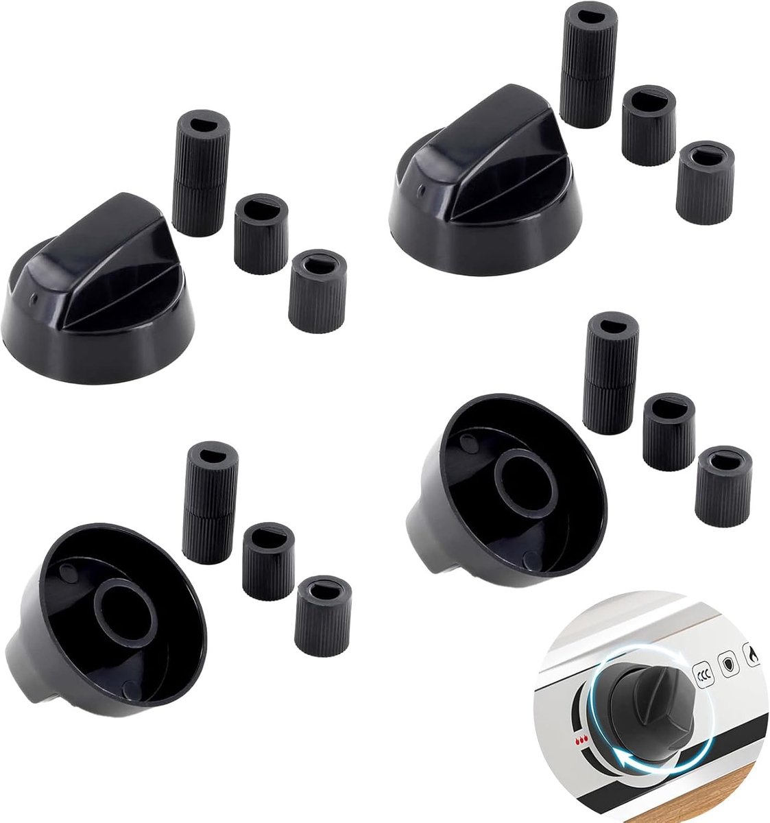 Knoppen, set met 4 draaiknoppen in zwart, compatibel met de meeste kookplaten, ovens en elektrische gasfornuizen, inclusief 12 adapters