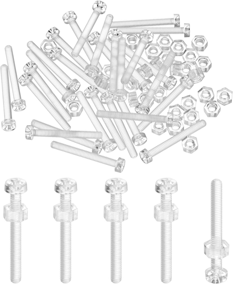 METERXITY Set van 30 transparante schroeven en zeskantmoeren, M3 x 25 mm, acryl kunststof, kruiskop, ronde kopschroeven, voor machineaccessoires