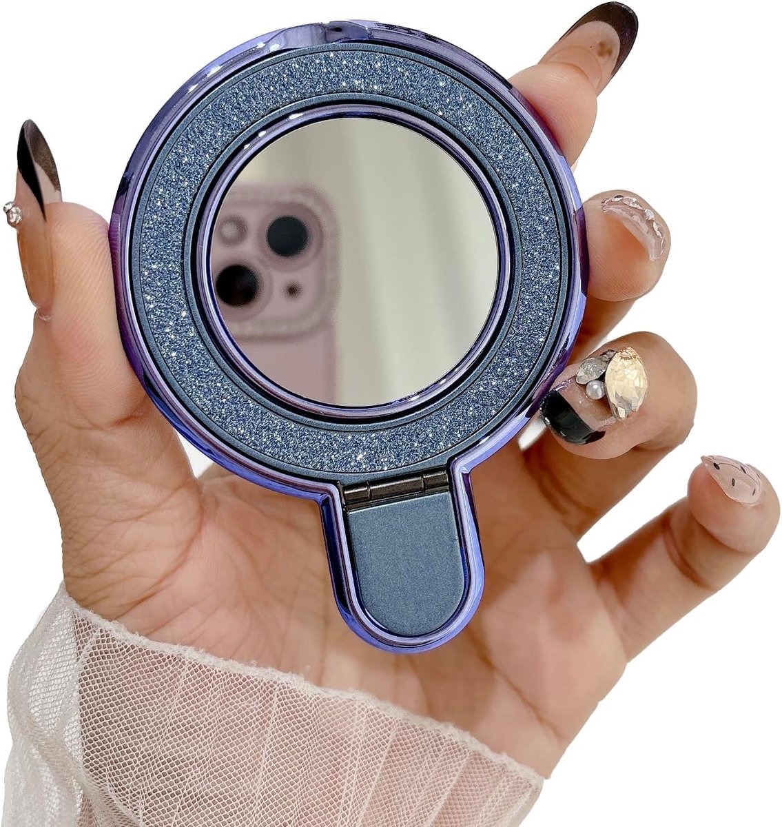 Telefoonringhouder, telefoonstandaard, ingebouwde spiegel, verstelbare telefoongreep, telefoonaccessoires voor meisjes en vrouwen (blauw)