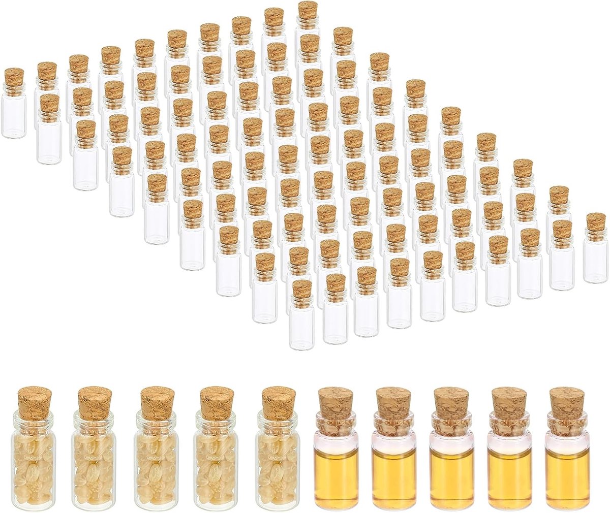 1 ml kleine glazen flesjes, 100 stuks mini doorzichtige flessen glazen lege potten met kurkstoppers kleine flesjes container voor poedercrème kunst ambacht