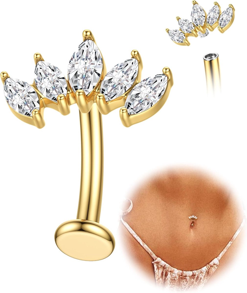 Navelpiercing, titanium, goud, zilver, navelpiercing, hypoallergeen, 14 g, navelpiercing, hart, bloem, vlinder, bal, binnendraad, drijvend, navelpiercing, 10/12 mm