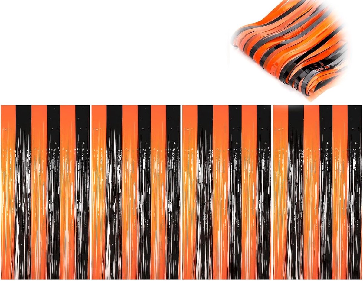 gordijn met franjes, 2 stuks, folie-franjes, achtergrondgordijn, zwart en oranje folie-franjegordijnen, Halloween-party, decoratie, 1 m x 2 m
