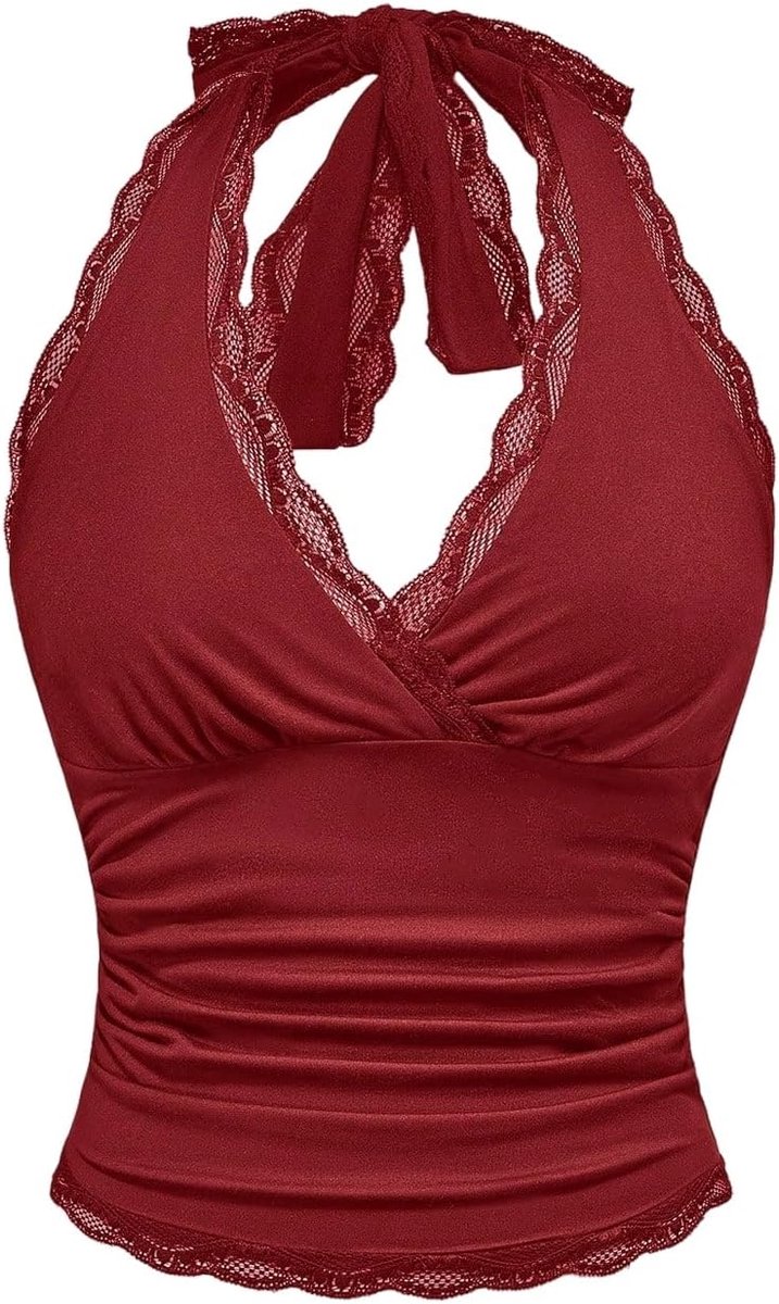 Dames buikvrije crop top nekhouder bovendeel met contrasterende kant zomertop mouwloos casual top rugvrij houder tops partytops