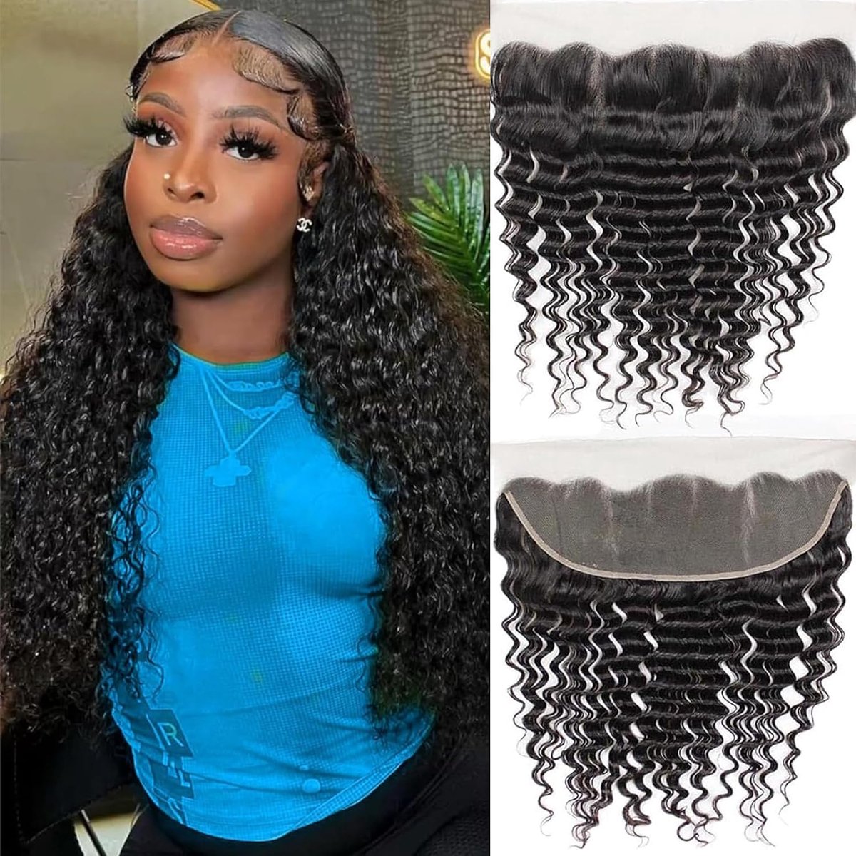 Frontal Closure Deep Wave Hair Closure 13 x 4 Ear to Ear Lace Frontal Braziliaans Menselijk Haar 130% Density Natural Color (8 Inch)