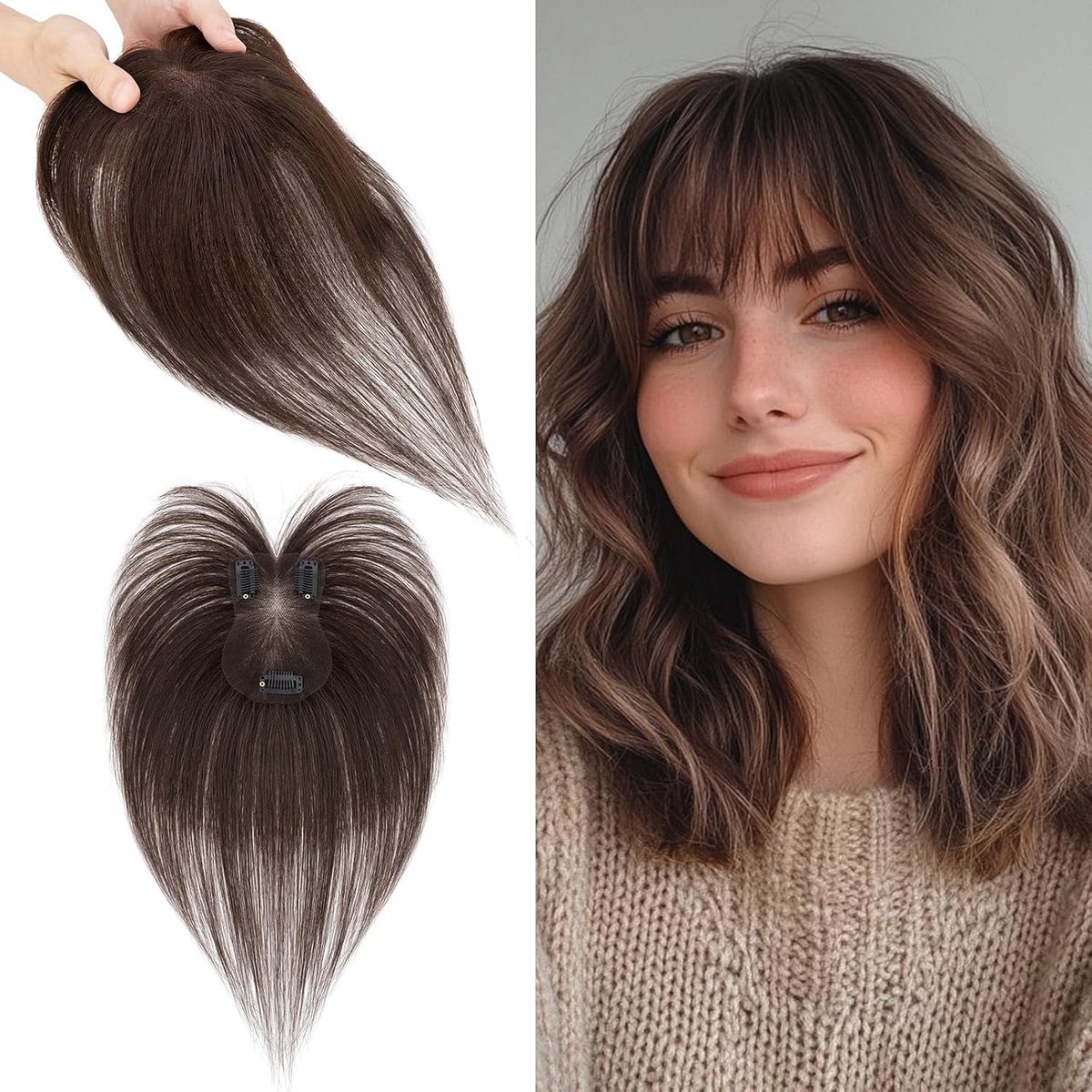 Echt Haar met Pony, 14g Clip-in Remy Echt Haar Topper, Menselijk Haartje Topper voor Dames, 28CM Menselijk Haartje met 7x11CM Kant Basis, Donker Bruin #2R