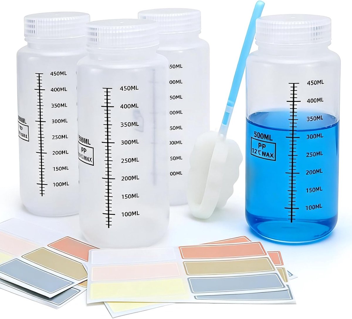 500 ml fles met brede hals, set van 4, laboratoriumkwaliteit, vloeibare opbergflessen voor pillenflessen, watermonsterflessen, PP-reageerflessen
