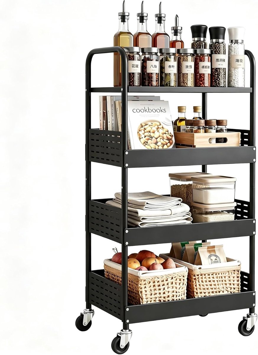 Trolley met 4 niveaus, opbergwagen van metaal op wielen, zwart | Zware opbergwagen met afsluitbare wielen. Voor keuken, slaapkamer, wasruimte. Ideaal voor boeken, groenten, snacks.