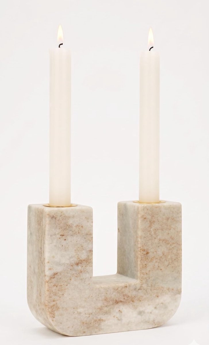 U-vormige marmeren kaarsenhouder voor taps toelopende kaarsen - echt marmer met grijsachtig witte en bruine aderen, zachte pads voor oppervlaktebescherming - 14 cm x 11,4 cm H x 4,4