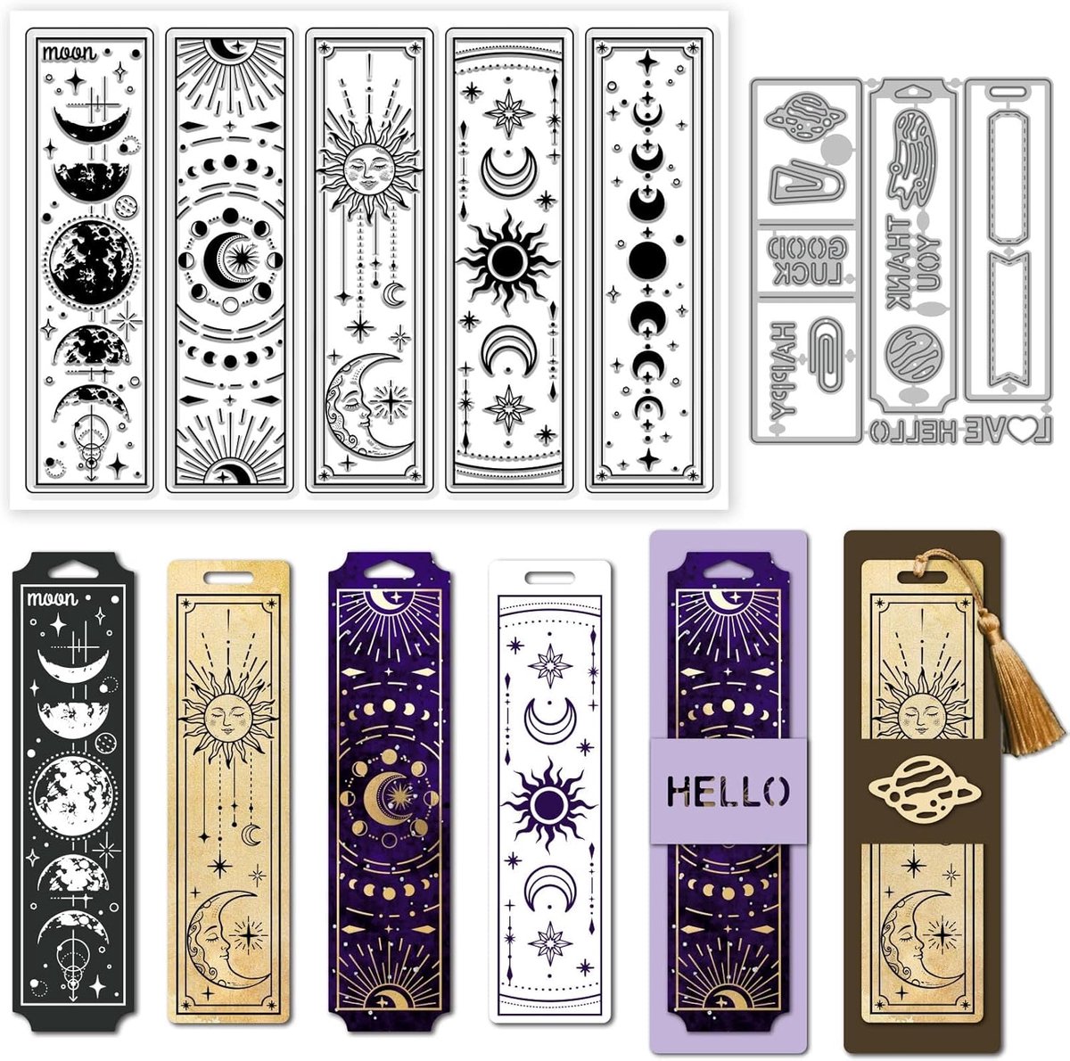 Hemelse Bladwijzer Transparante Stempels En Metalen Stansvormen Maanfase Ster Siliconen Stempel Magische Waarzegframe Stansvormen Voor Het Maken Van Kaarten Reliëf Scrapbooking