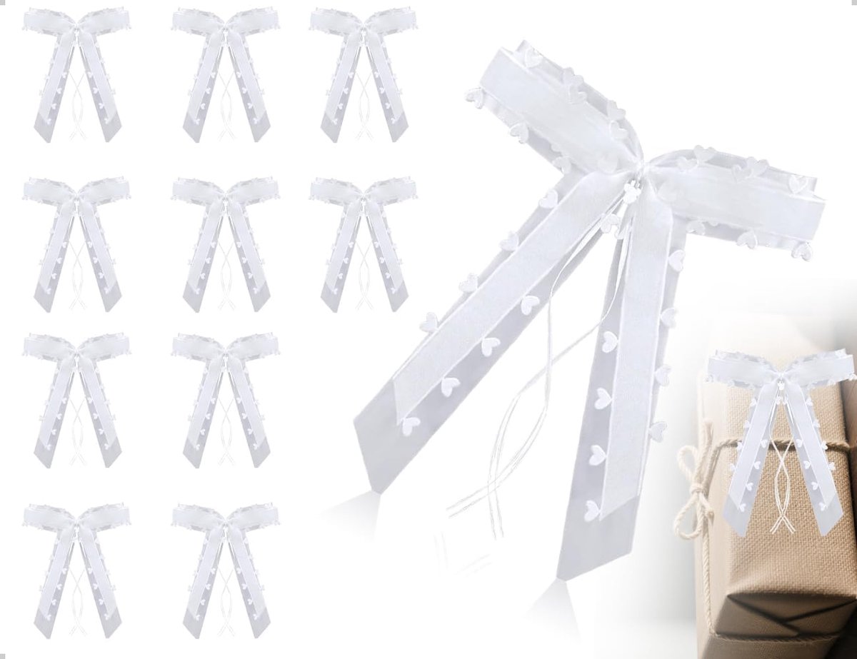 10 stuks autolint voor bruiloft, auto bruiloftsstrikken, decoratie met hartpunt, decoratieve accessoires geschikt voor stuur, achteruitkijkspiegel, verpakking (wit)