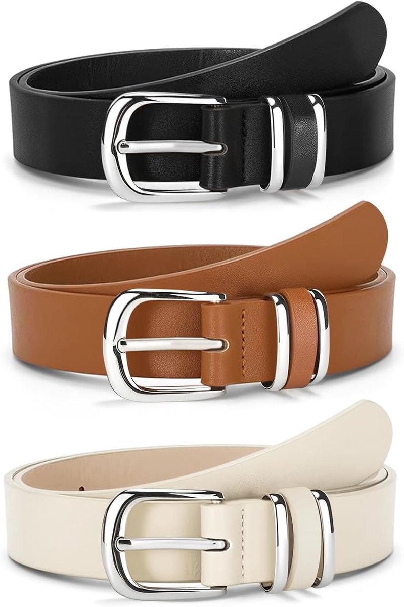 3 stuks lederen riem voor dames, modieuze tailleriem met zilveren vierkante gesp voor vrouwen jeansbroeken, jurken (zwart, bruin, beige)