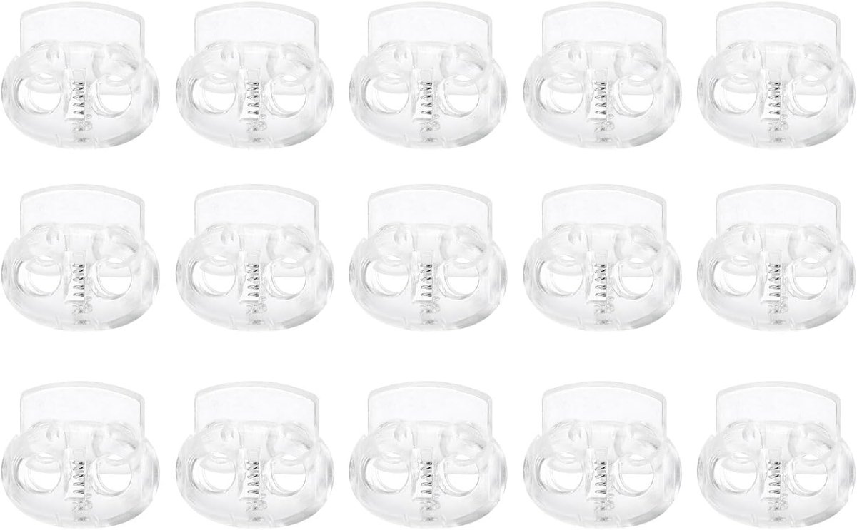 15 stuks kunststof koordstopper, dubbel gat, veer, knevelsluiting, elastische koordverstellers voor trekkoorden, paracord, veters, kleding, bagage, rugzak, camping, transparant